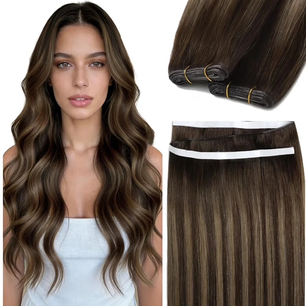 Dark Brown Chestnut Brown Human Hair Hand Tied 22 Inch Tape In Hair Extensions
